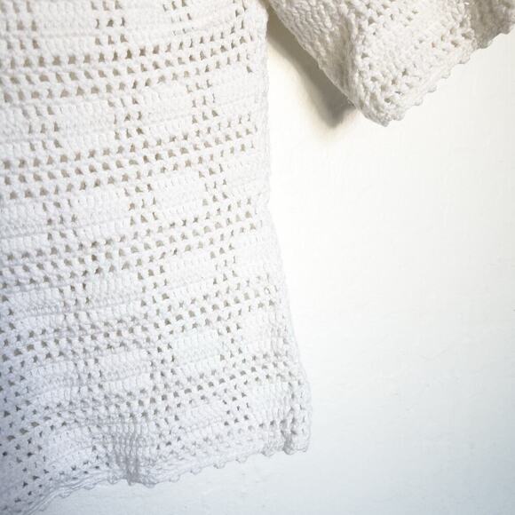 Crochet Knit Short Sleeve Cardigan J.Jill Cottage Button Medium Ivory Boho - Picture 5 of 6